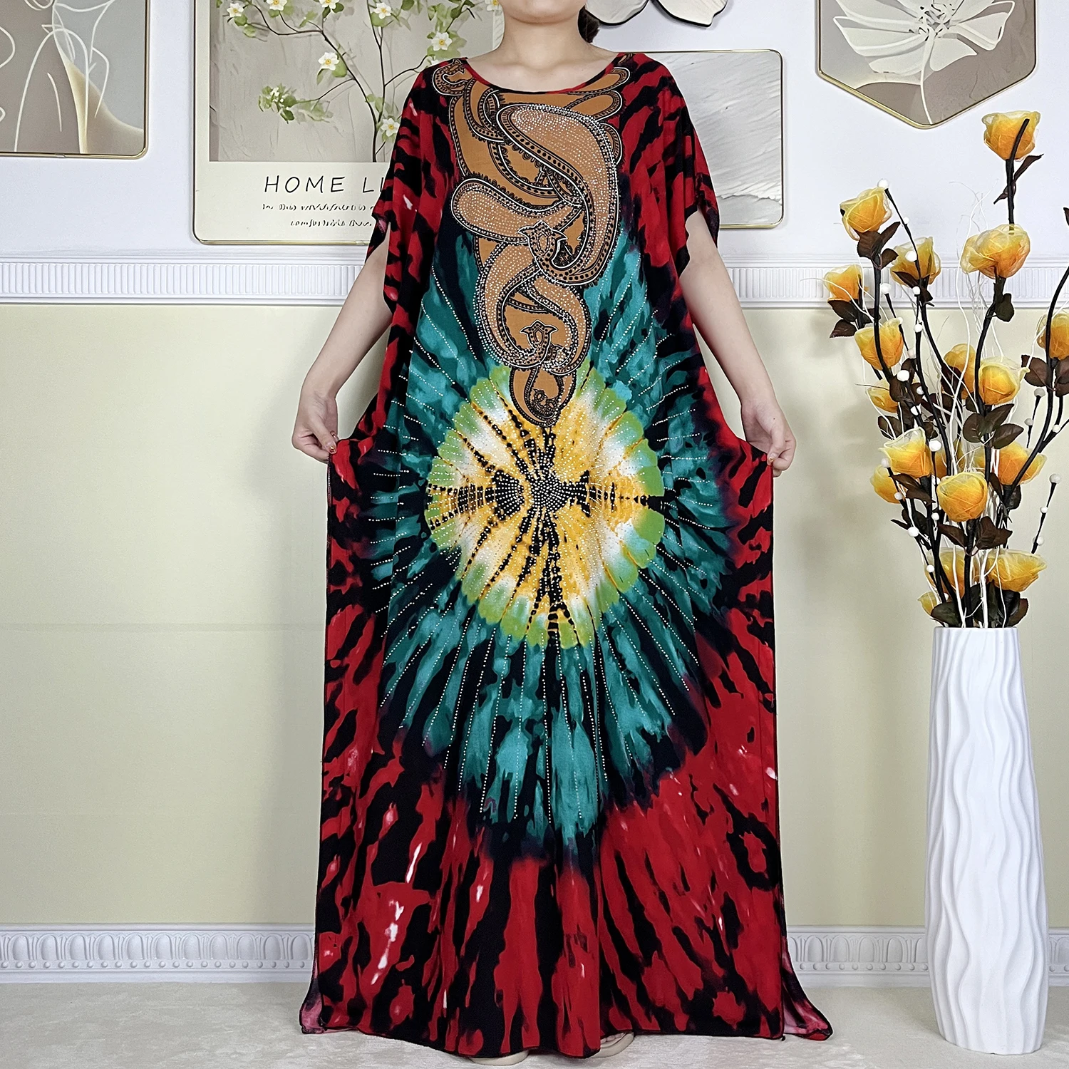 2024 New Muslim Women Dashiki Short Sleeved Dress Diamonds Printing Cotton Loose Robe Kaftan African  Women Dress With Big Scarf