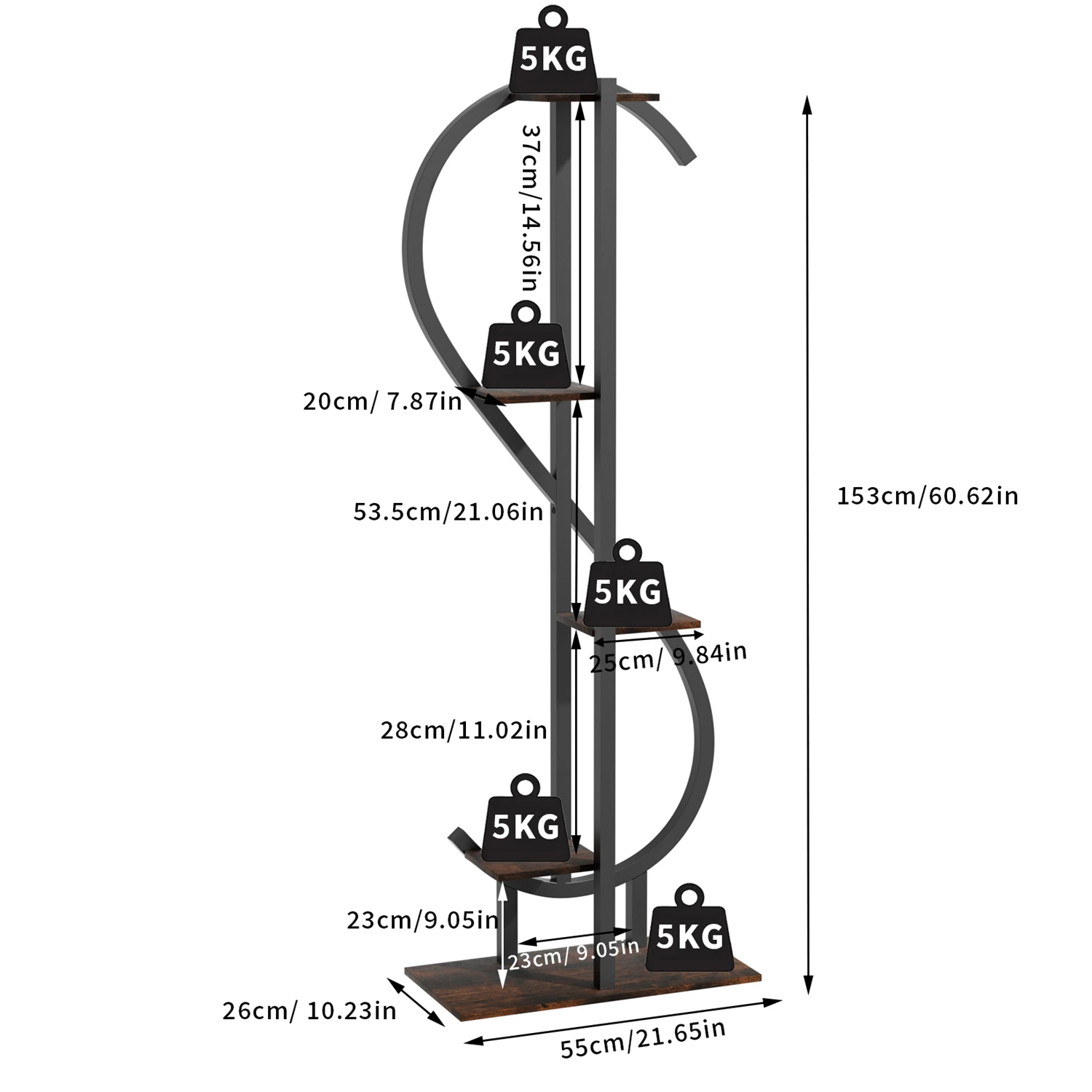 153CM Tall S-Shaped Vertical Plant Stand Multilayer Garden Flower Pot Stand Display Holder Wood and Metal