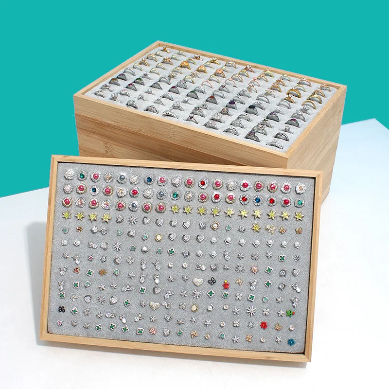 Bamboo Jewelry Tray Rings of The Earrings Neck Chain Bracelet Jewelry Display Tray Ice -gray Velvet Storage Box