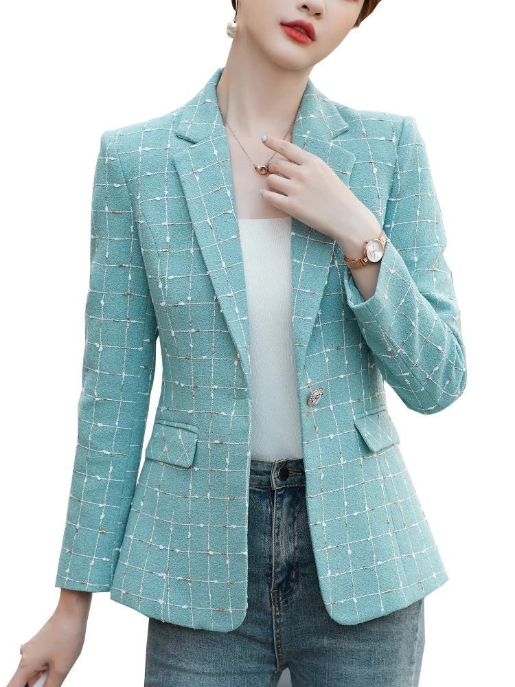 

High Quality Long Sleeve Female Blazer Blue White Plaid Women Casual Blazer and Jacket Ladies Female Single Button Slim Coat