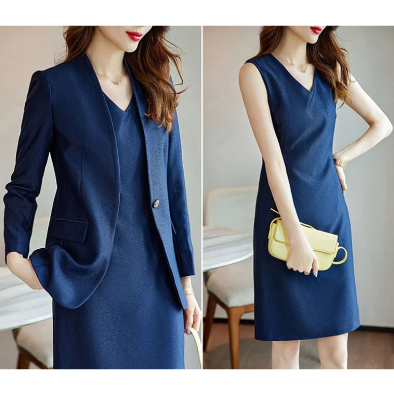 Women President Suit Blazers Dresses Sets Long-sleeved High-end Autumn V-neck Female Coats High-end Vest Dress Suits Office Lady