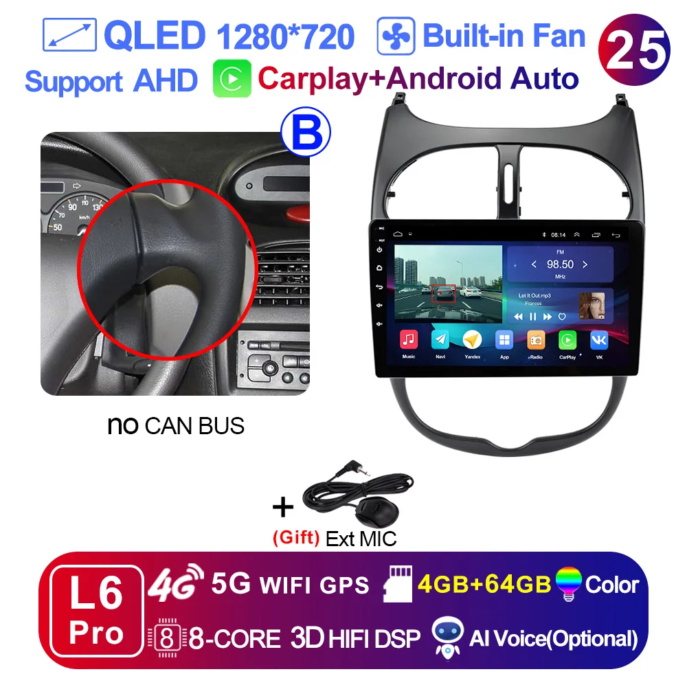thumbnail image 1 of LEHX L6 Pro 8 núcleos 4G + 5G 2 Din Android Auto Radio multimedia para automóvil para Peugeot 206 206CC 206SW 2001-2008 2 Din Estéreo Carplay GPS, 1 of 5