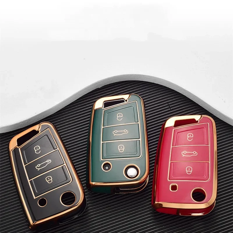 Key Case Gold Edge Car Key Case Full Cover Fob for VW Volkswagen Golf 7 MK7 Tiguan MK2 for SEAT Ateca Leon FR 2 Ibiza Skoda Octavia