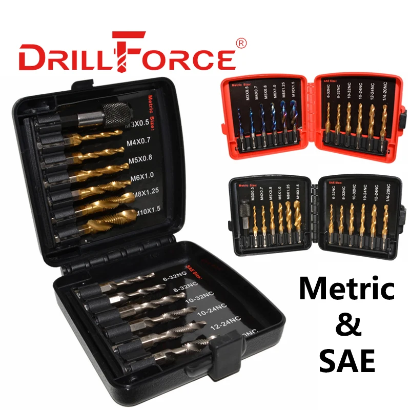 Drillforce Combination Drill Tap Bits Set 3in1 Hss Metric & Sae Kit