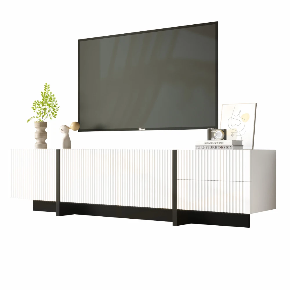 190 cm TV-Schrank mit 3 Türen und Schubladen – Weiß mit goldenen Akzenten und Holzschnitzereien, Lowboard für die Medienaufbewahrung im Wohnzimmer – Detail 20
