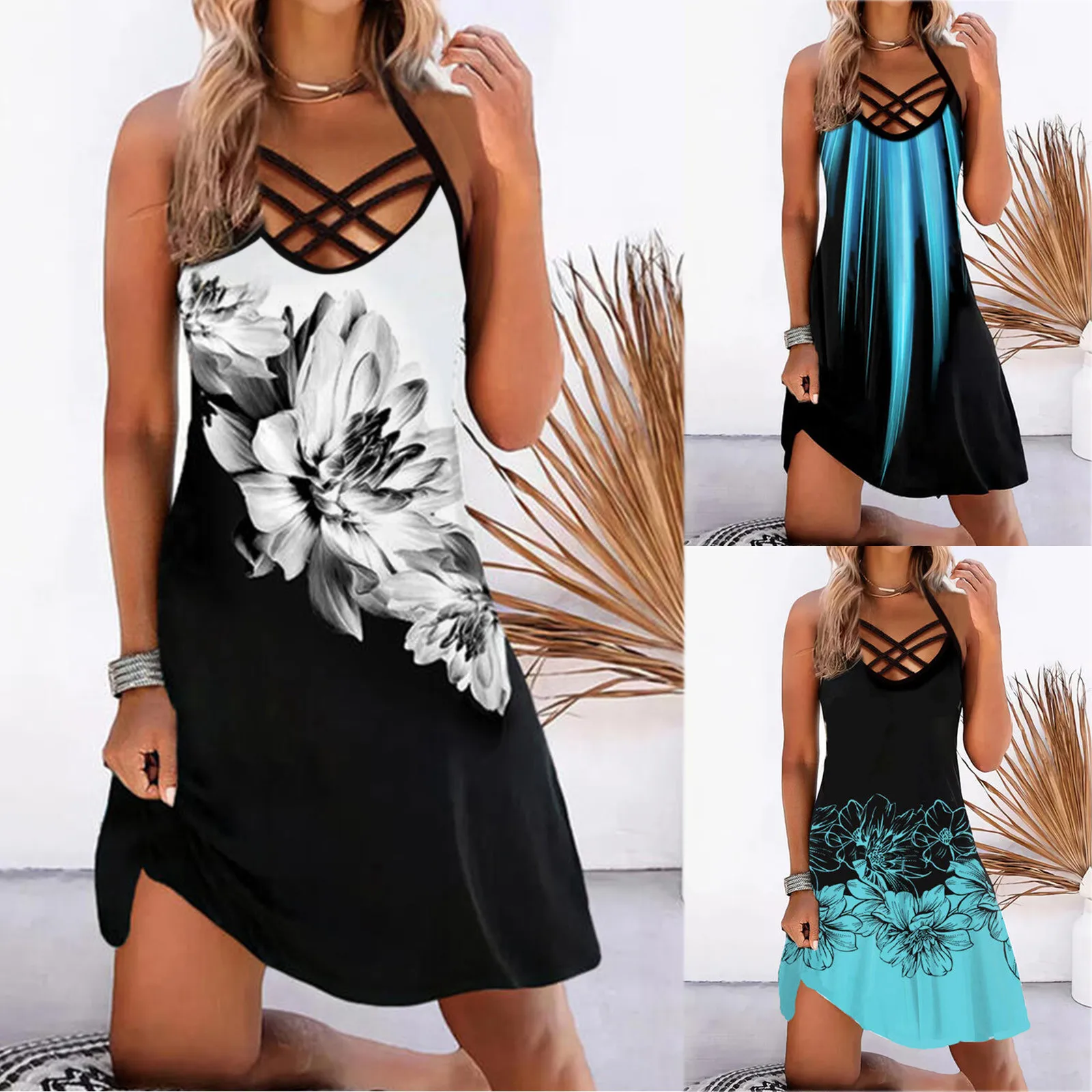 

Beach Dress Summer 2024 Printed Sleeveless Women's Dress Boho Casual Party Vestidos Robe Hollow Out Short Dress