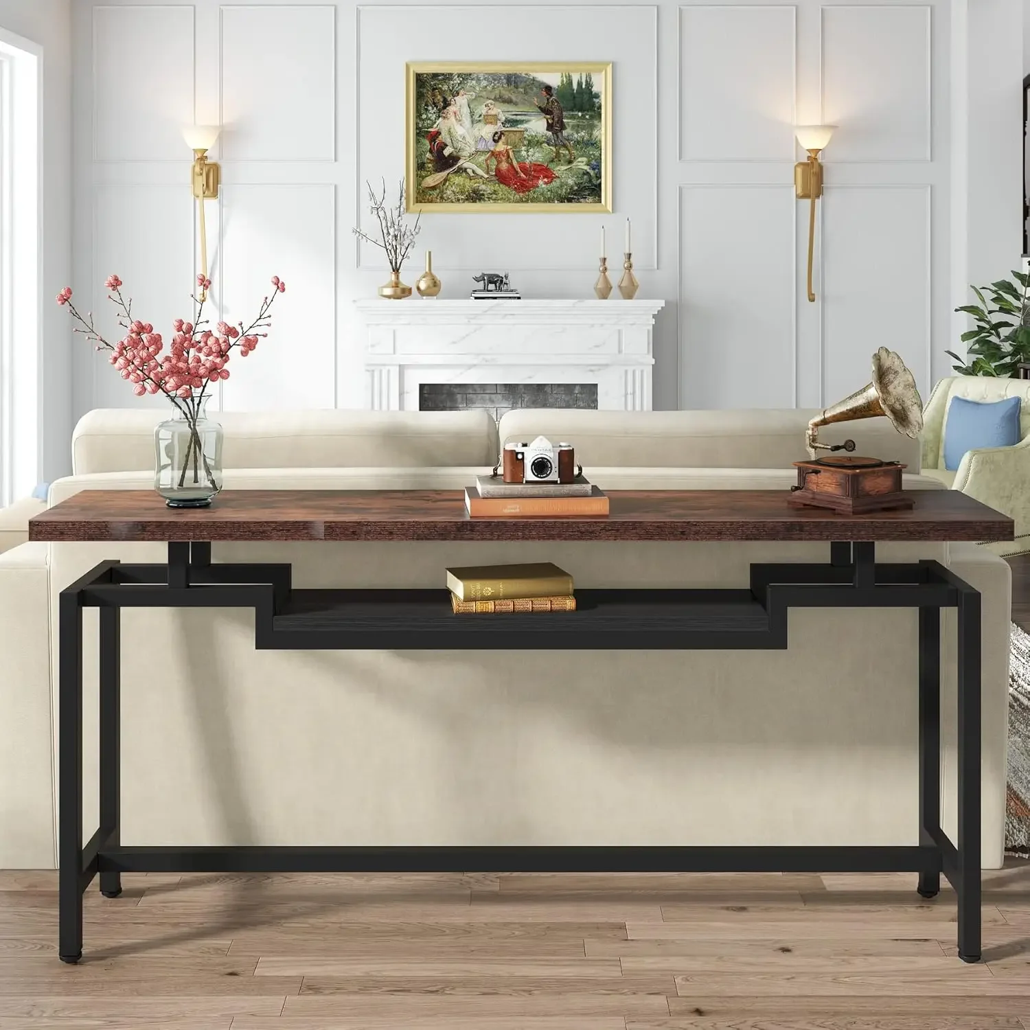 70 inch Sofa Table, Narrow Long Console Table with 2 Tiers, Industiral TV Console Behind Couch Table with Storage for Entryway, 4