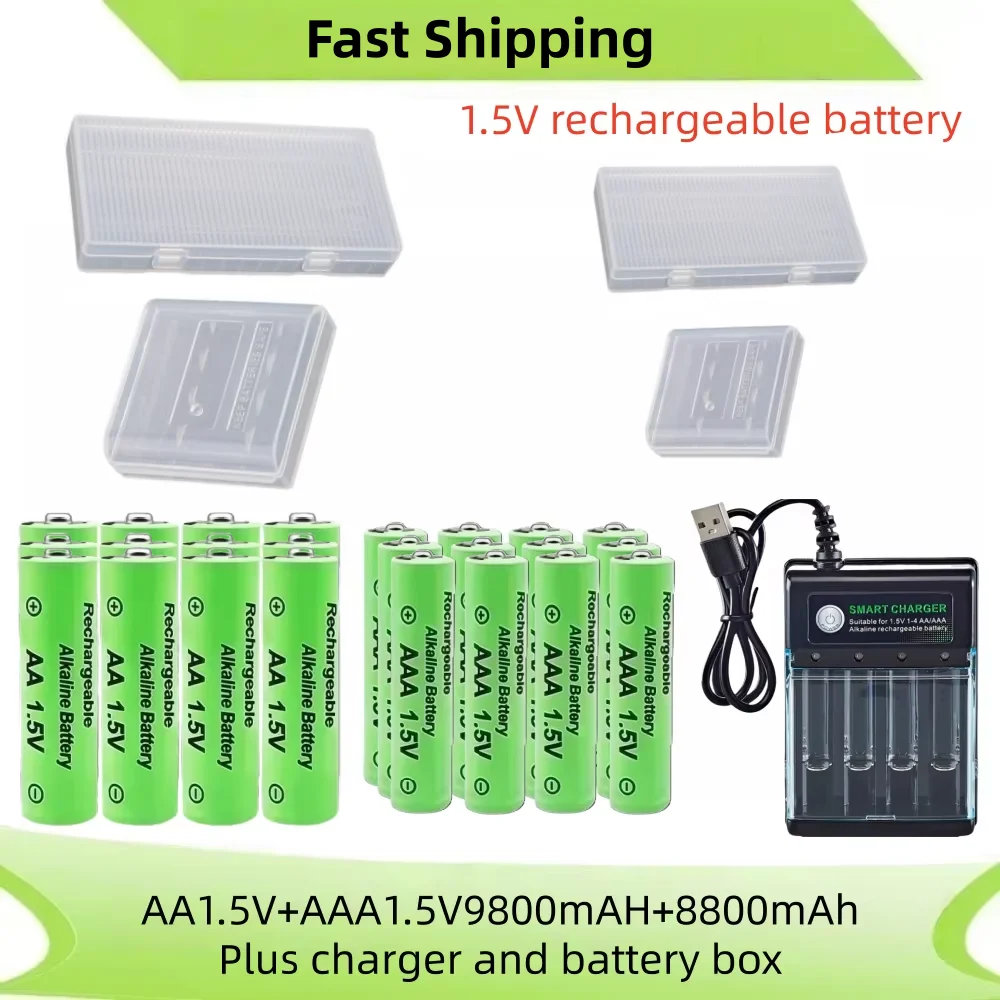 Batterie ricaricabili AA AAA 9800mAh 8800mAh 1.5V ad alta capacità con caricabatterie e scatola portaoggetti per alimentazione