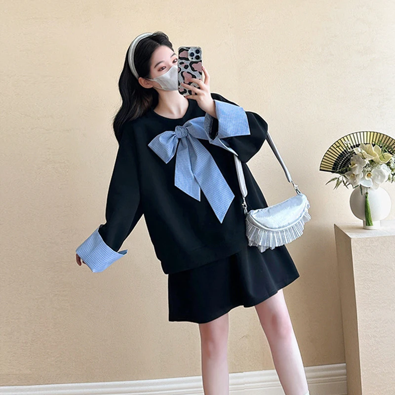 Preppy Maternity Clothes Set Pregnant Women Loose Bow Tie Top + Skirt Beautiful Fashion Mom Autumn Winter Casual Sweet Suit