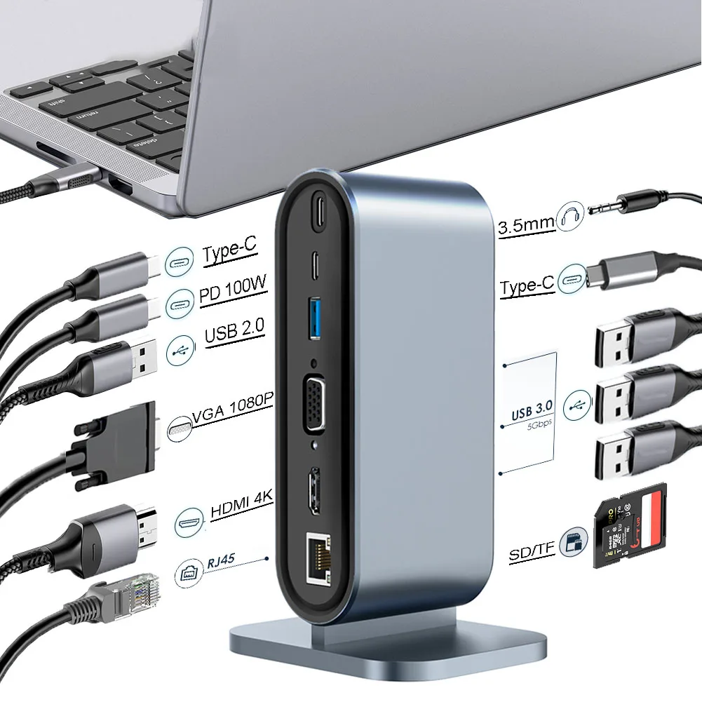 노트북 맥북 프로 에어용 USB C 허브, HDMI 호환 어댑터, C타입 허브, USB 3.0 분배기, 12 인 1, 4K, 30Hz, PD 100W 