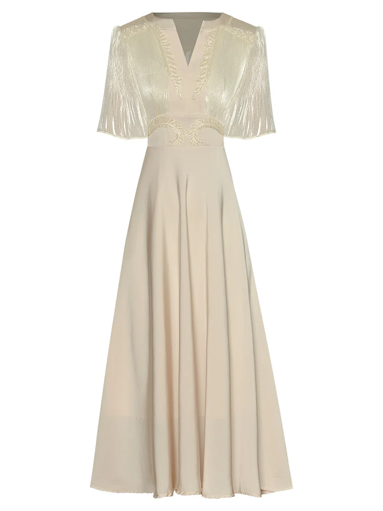 

High Quality Designer Women'S New Fashion Summer Pleated Nail Bead Slim Pure Color V-Neck Casual Party Celebrity Midi Dress