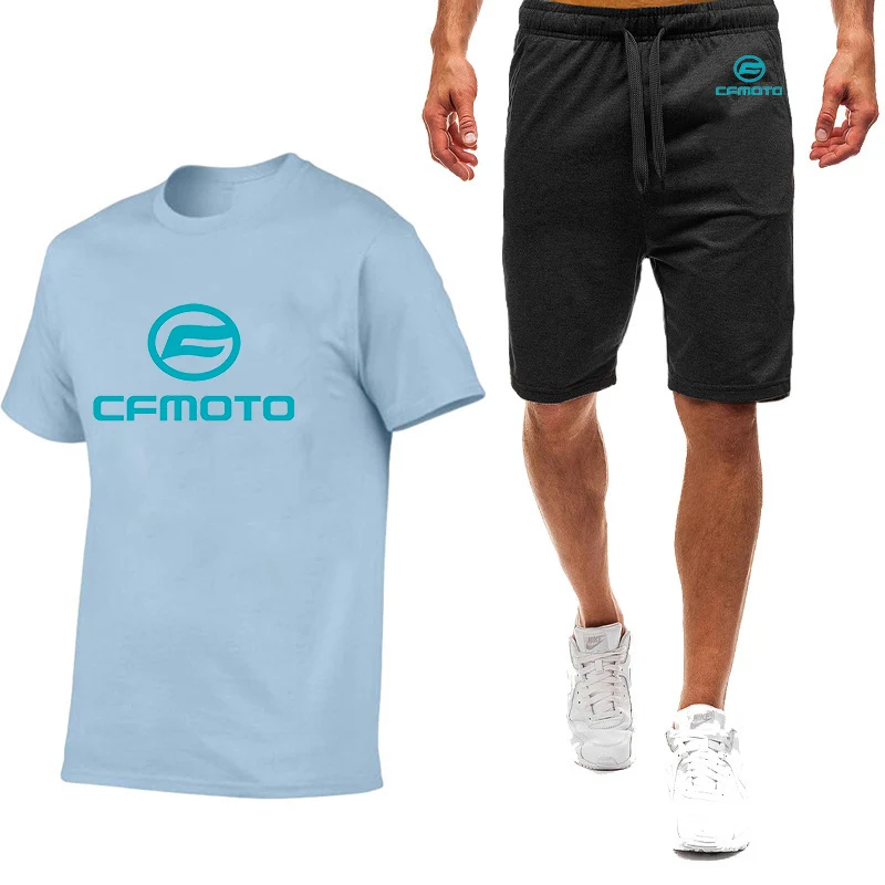 2023 New Summer Cfmoto Logo Print Men's Popular Solid Color Short Sleeved Tops+Casual Comfortable Cotton Sweatpants Classic Sets