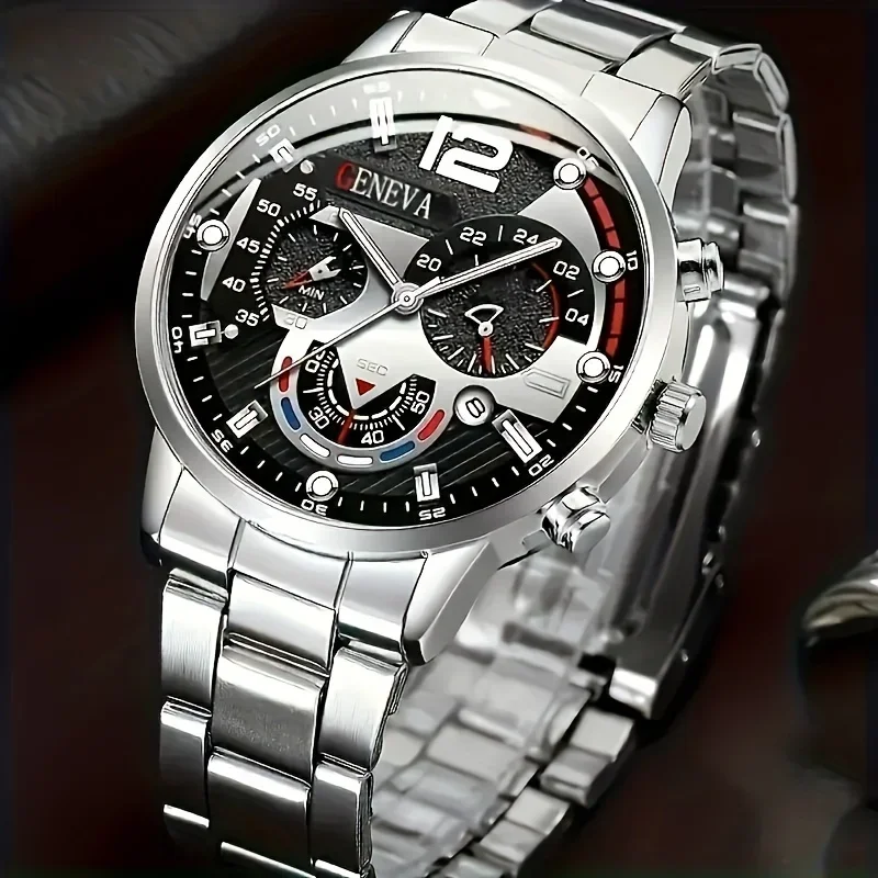Geneva Quartz Men's Watch Set with Anti Shock Simulated Circular Display Screen, Cool and Handsome Style,