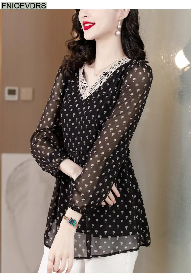 M-5XL 2023 Women European Style Office Lady Long Shirt Patchwork Lace Floral Print Ruffle Belly Black Tunic Peplum Top Blouse