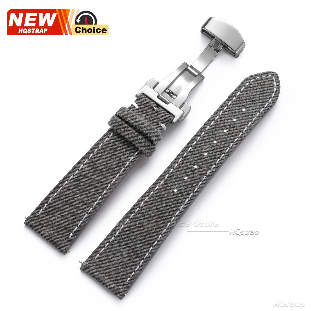 Butterfly Clasp Denim-Style Leather Smartwatch Strap with Pin Buckle