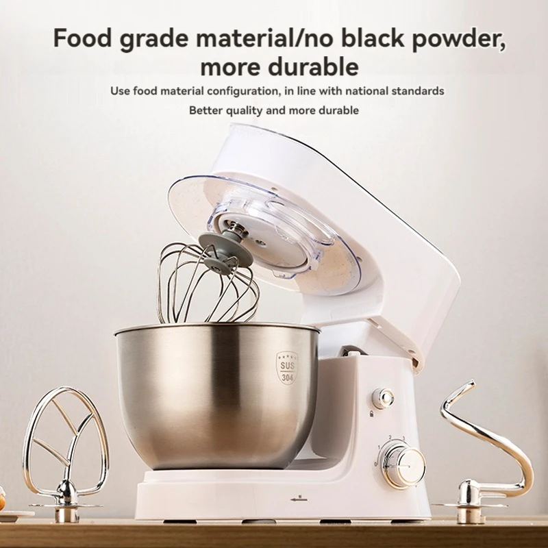 US Plug Household Desktop Automatic Cooking Machine,Stainless Steel Dough Mixer, Cream Multi-function Blender,Egg Beater,White