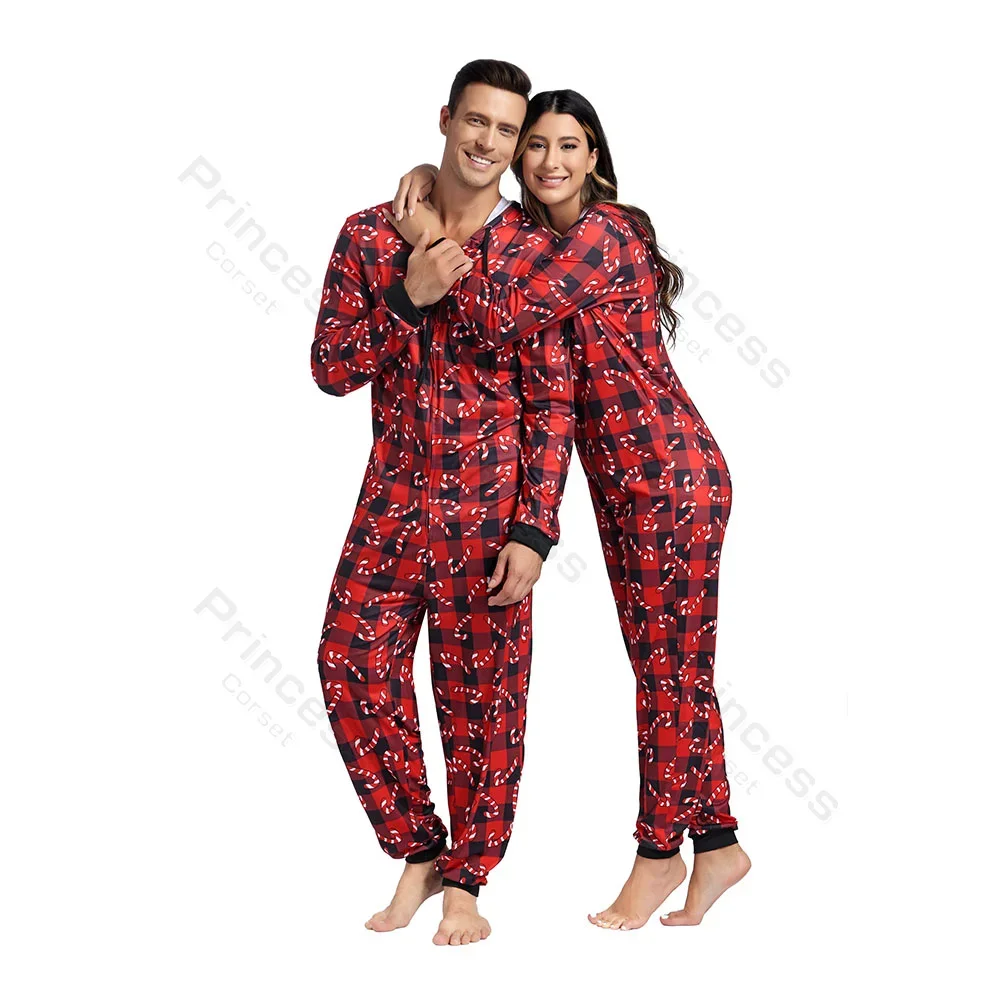 

Couple Christmas Pajamas for Adult Onesie Pajamas Black&Red Grid Pajamas Set Family Sleepwear Hoodie Jumpsuit Women Men XS-XXL
