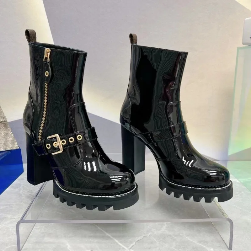 

High Heel Round Toe Women Boot Med Heel Zip Metal Short Boots Thick Bottom Platform Patent Leather Martin Chunky Heel Boots