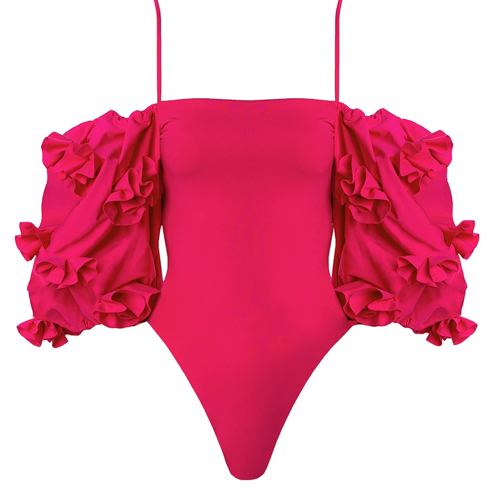 Pink One Piece Swimsuit 2022 Sexy Swimwear Women Swimsuit Puff Sleeve