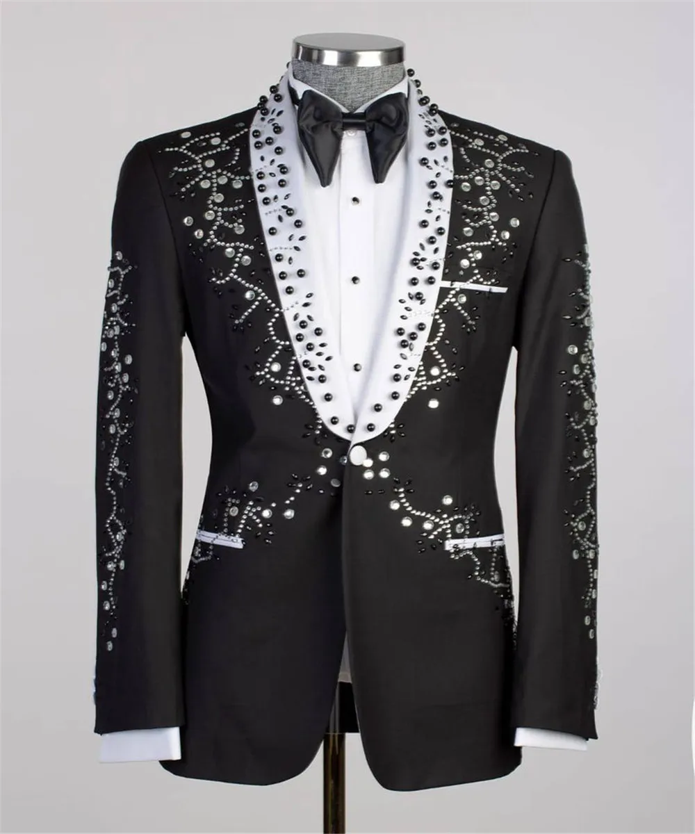 

Luxury Wedding Suits For Men Crystals Diamonds Beads Jacket Pants 2 Pieces Groom Tuxedos Bespoke Banquet Prom Blazer Sets Dress