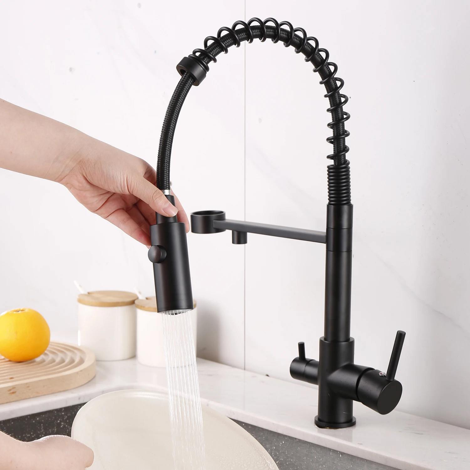 Water Purification Kitchen Faucet Black Hot and Cold Rotating Pull Out Brass Material Sink Mixer Drinking and Washing Tap kitchen faucets