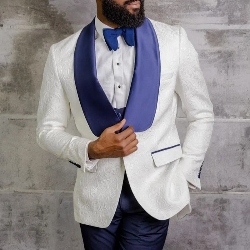 

Blue Shawl Lapel Slim Fit Men's Suits for Wedding White Floral Groom Tuxedo 3 Pieces Blazer with Pants and Vest 2023