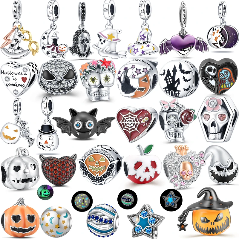 2023 New Halloween Series Sterling Silver Bat Pumpkin Lantern Skull Fit Original Pandora S925 Black Orange Jewelry Making Gift