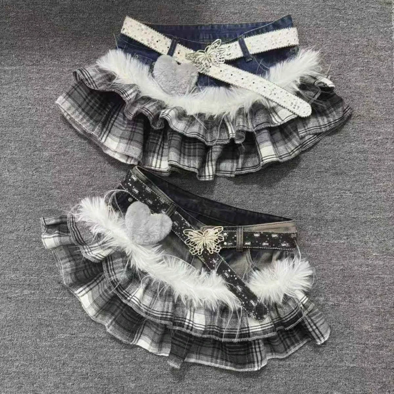 Hot Girl Aesthetic Darkly Short Skirt Gothic Grey Patchwork Plaid Cowboy Skirts Women Design High Street Vintage A-line Outfits - Image 5