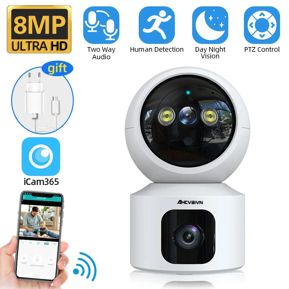 

8MP WiFi Security Camera Dual Lens Auto Tracking Indoor Linkag Video Surveillance CCTV Camera Home Baby Monitor Two Way Audio