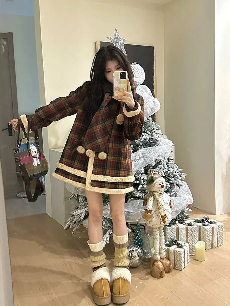 Sweet Girl Red Plaid Bow Collar Jacket for Women's Winter Long-sleeved Loose Plush Jacket Fashion Female Clothes