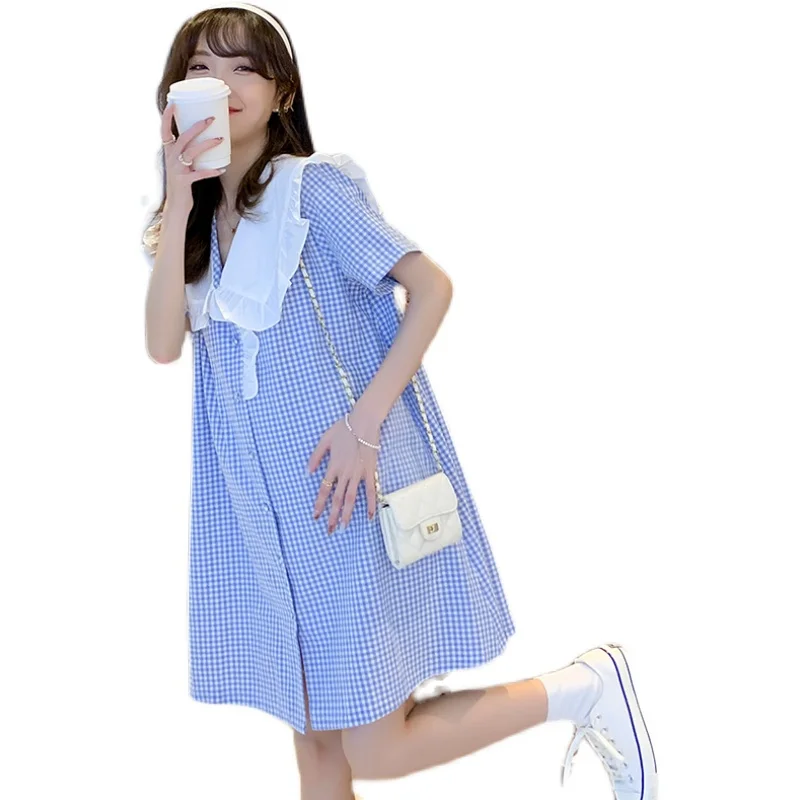 Blue 2024 Summer Maternity Clothes Ruffled Large Peter Pan Collar Short Sleeve Pregnant Woman A-Line Dress Pregnancy Plaid Dress