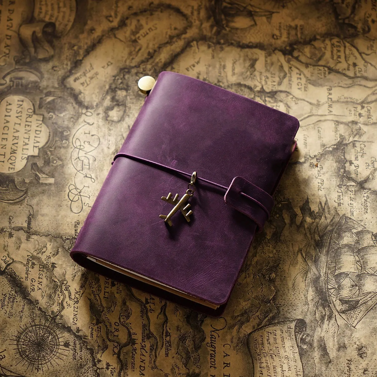 Vintage Refillable Crazy Horse Leather Travel Journal with Antique Metal Charms and Elastic Closure