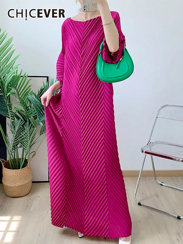 

CHICEVER Folds Dresses For Women Round Neck Short Sleeve Casual Chic Oversize Solid Maxi Dress Female Summer Clothing 2023 New