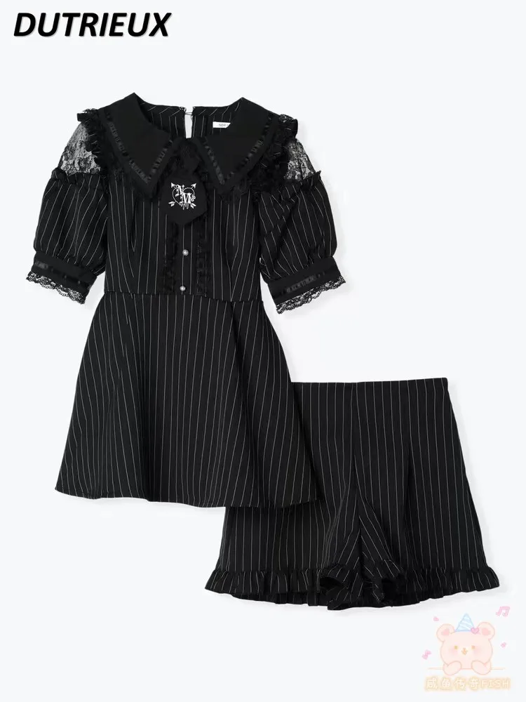 Japanese Summer New Sweet Embroidered Tie Striped Short Sleeve Top Mine Mass-Produced Dress and Base Shorts Two Piece Set