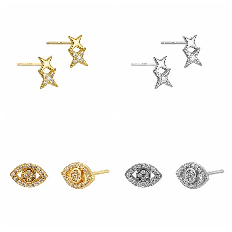 

Yoofaning 925 silver needle Devil Eye/star Stud Earrings for Women Demond eye white CZ Ear Studs Fine Jewelry Wedding Gift