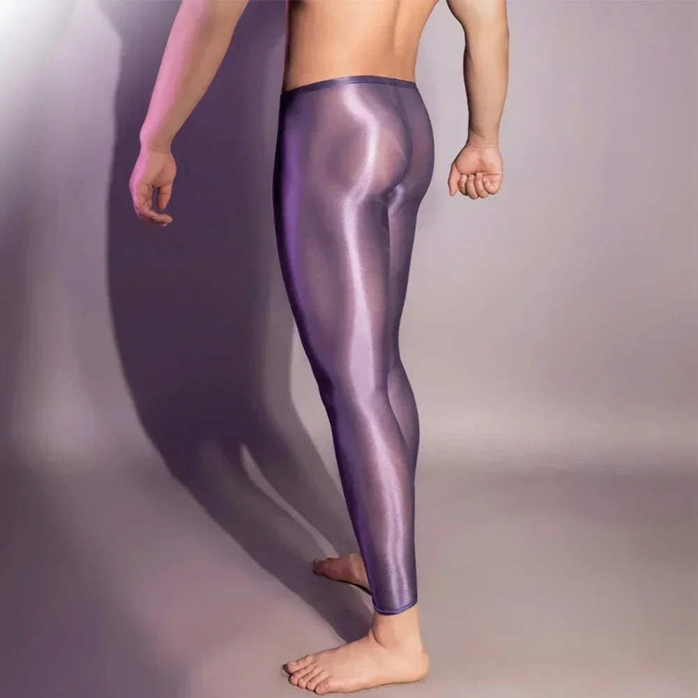 Men Leggings Ultra Thin Oil Shiny Tight Elastic Transparent Pouch Underwear Pants Skinny Trousers