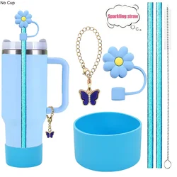6-Piece Reusable Tumbler Enhancement and Protection Set with Bow Straw Covers and Charm Chains (Blue)
