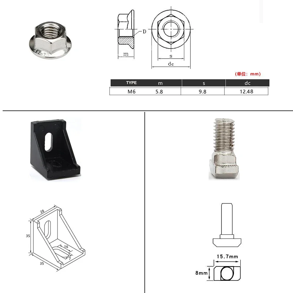 Description Picture 3 of item3030 Aluminum Profile Connector Set: 20pcs 3030 Corner Bracket + 40pcs M6 x 16mm T Bolt Screws + 40pcs M6 Hex Flange Nuts