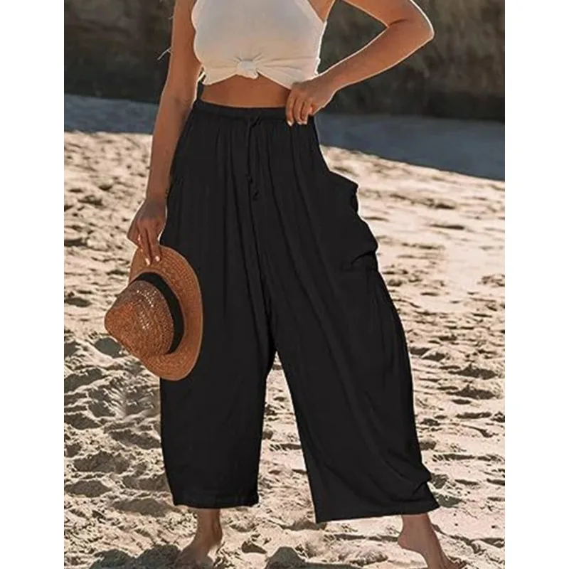 Autumn Loose Wide Leg Pants Women's Clothing Elastic Waist Pleated High Waist Casual Cotton Linen Solid Color Trousers Pants