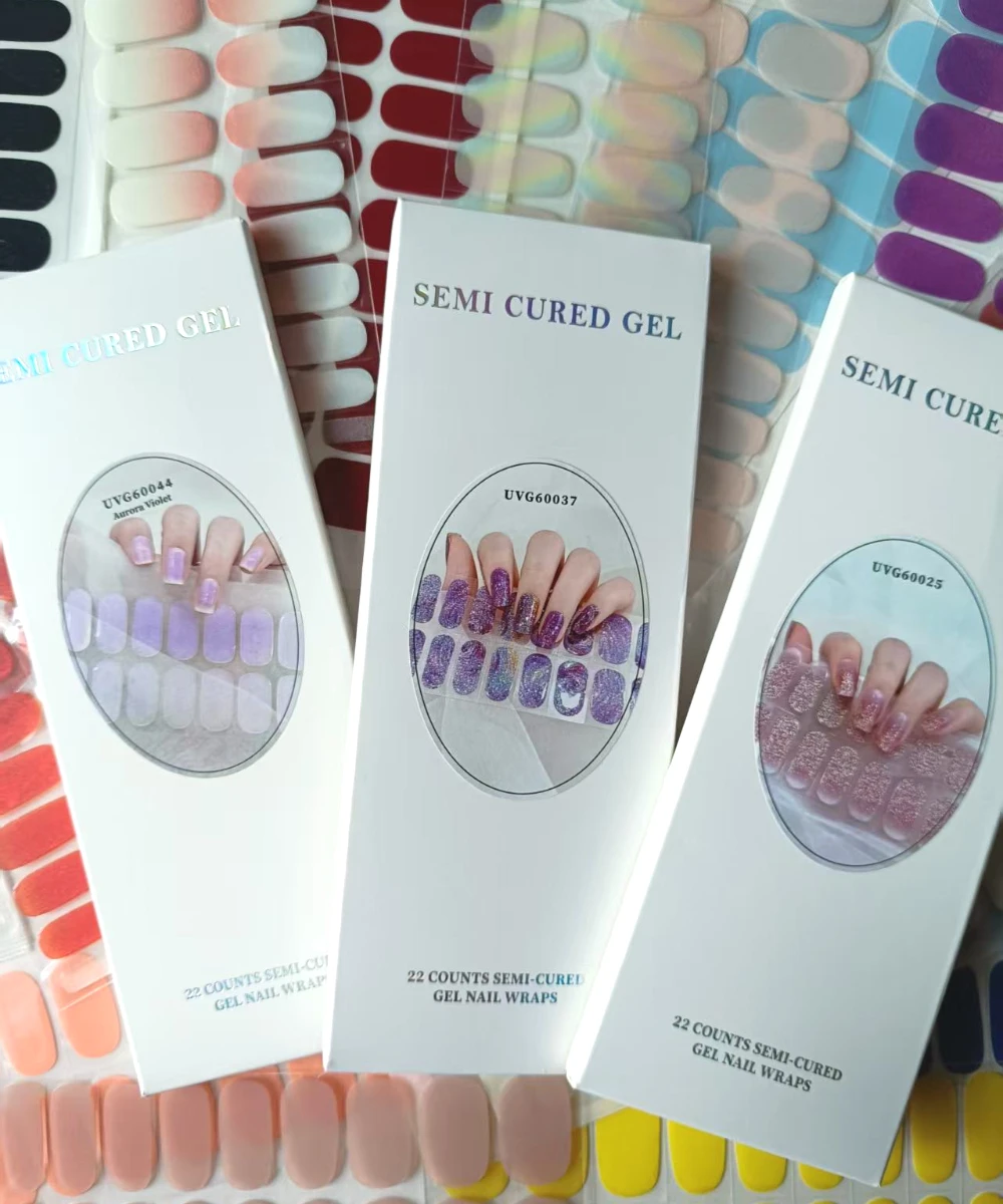 22Tips UV Semi Cured Gel Nail Stickers Pure Neon Color Strips Waterproof Nail Polish Wraps Adhesive Full Manicure Decor Stickers