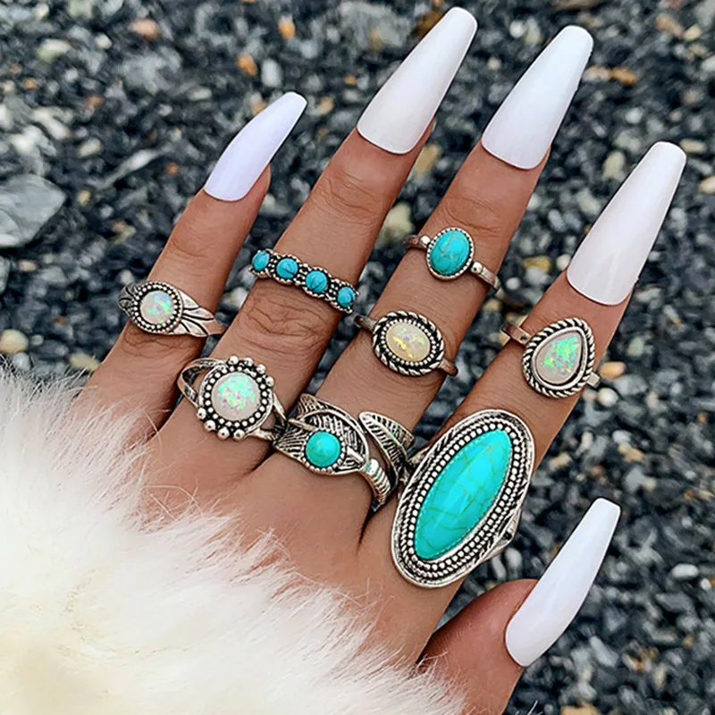 Vintage Green Stone Geometric Rings Set For Women Retro Silver Color Opal Kunckle Ring Female Bohemian Jewelry