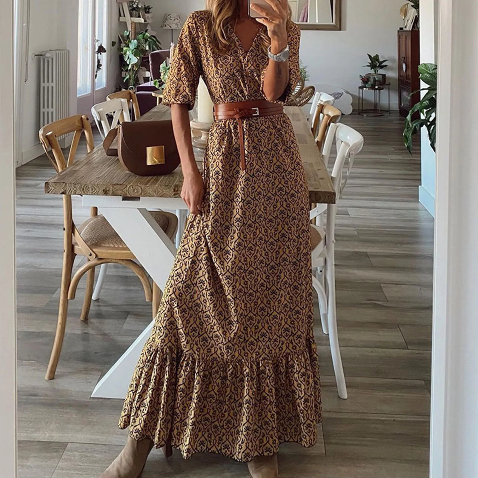 Women Boho Dress Bohemia Style V-Neck Floral Print Three Quarter Sleeve Ladies Party Long Dress Sundress Robe for Beach Party 