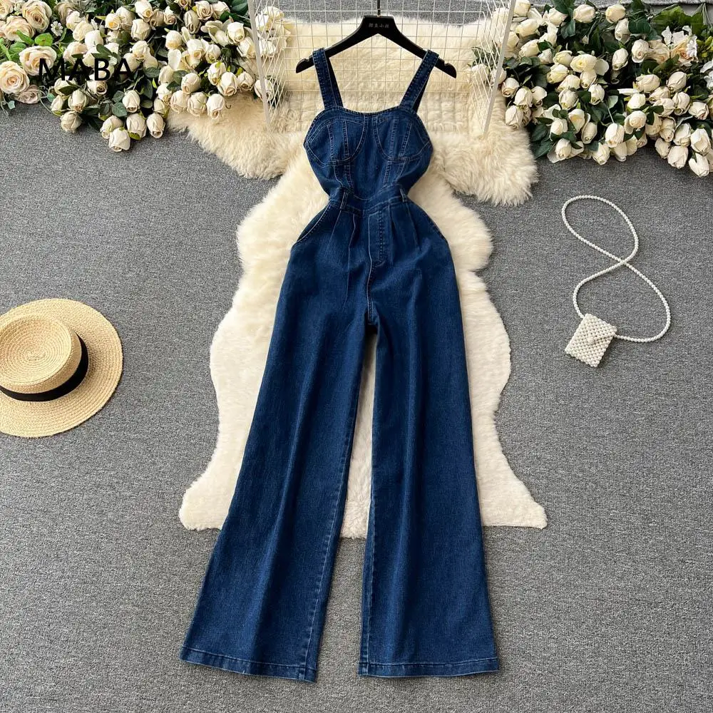 

Women Spring Summer Vintage Blue Denim Spaghetti Strap Jumpsuit Korean Sleeveless Collect Waist Casual Overalls