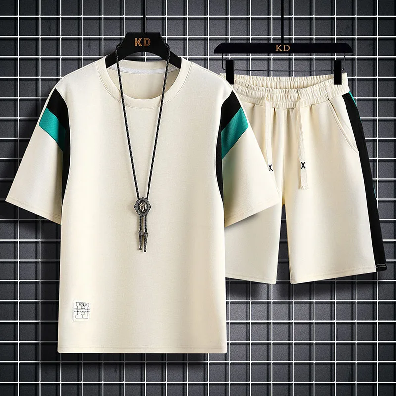 

2023 Summer Male Black Splicing Tracksuits For Men's Set Sleeves T-Shirt + Shorts Sportswear Men Oversize Sporting Suit 4XL