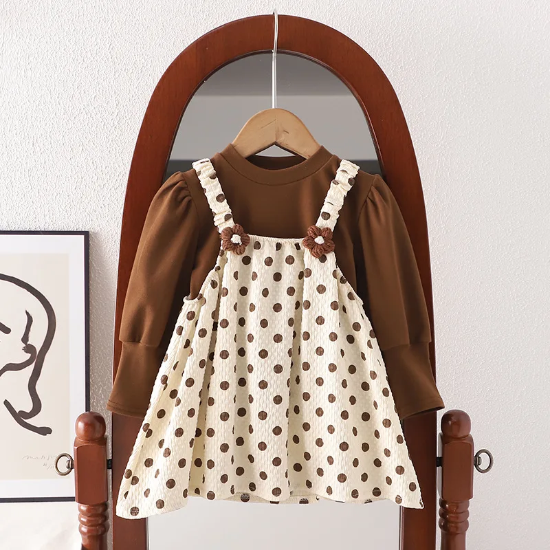 

2023 Autumn Girls Sweet 2pcs Suit Baby Kids Children Clothing Set Long Sleeve T-shirt+ Dot Suspender Dress