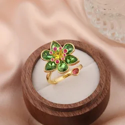 Luxe Shimmer Green & Pink Zircon Flower Women's Adjustable Open Ring - Resizable (Green)