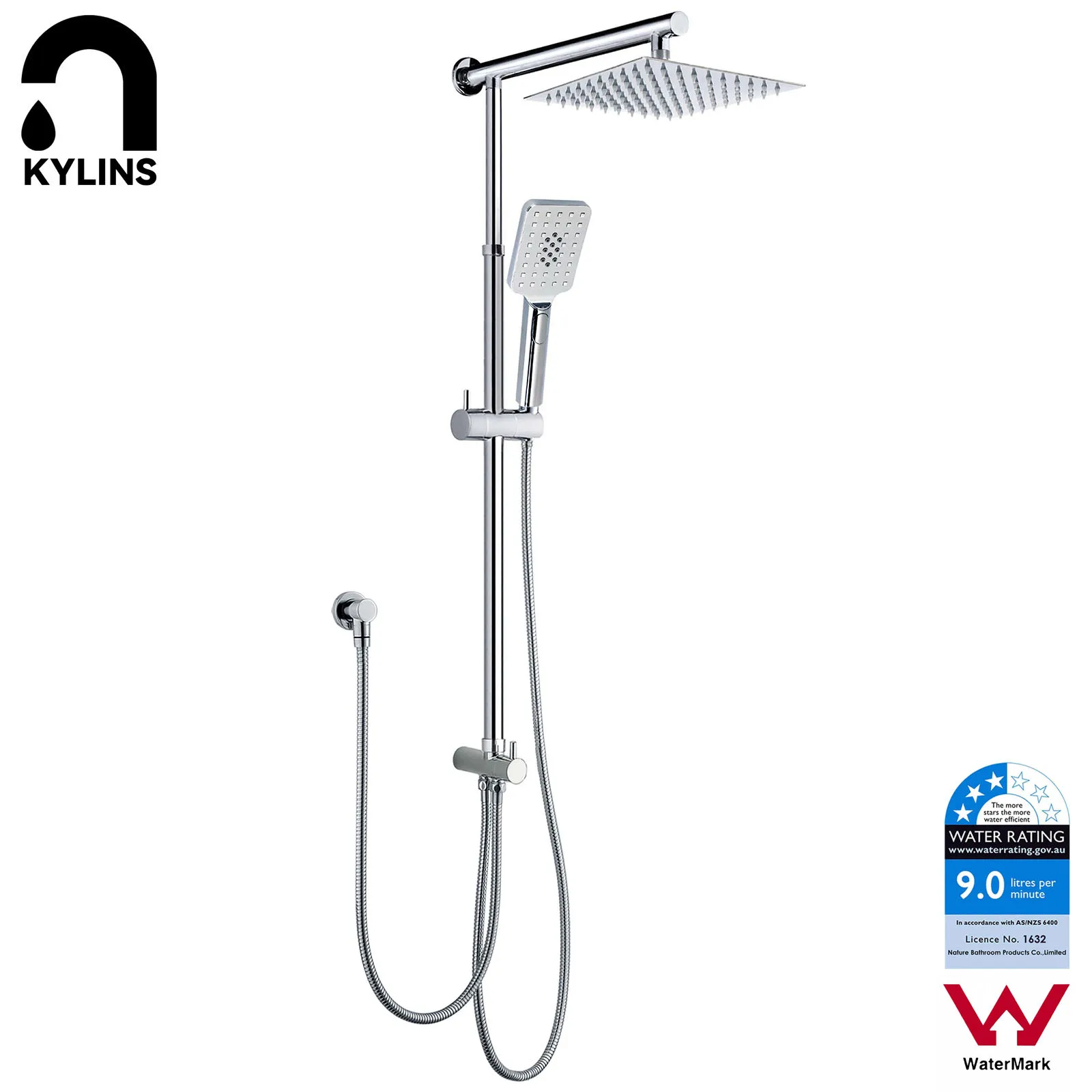 **Sydney Stock** KYLINS Square 8/10/12'' Rain Shower Head Handheld 2 In 1 Sliding Rail Wall Arm Diverter Set WELS WaterMark