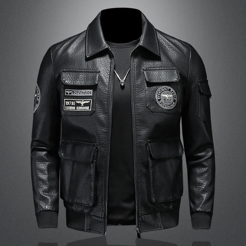

2023 Mens Fashion Leather Jacket Embroidered Pockets PU Male Anti-wind Motorcycle Lapel Zipper Warm s Men 5XL Tops