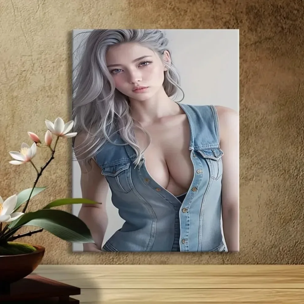 빈티지 금속 벽 장식 은발 여성 데님 조끼 유화 그림 우아한 홈 데코