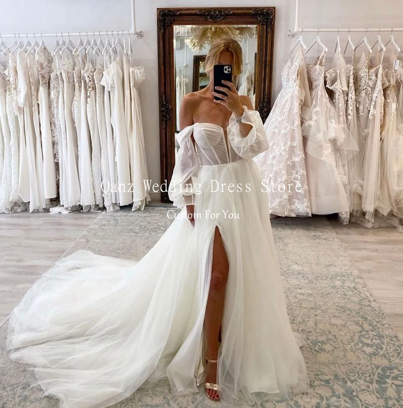 

Qanz White Tulle Wedding Dresses 2024 For Bride Off Shoulder Puff Sleeves Women Bridal Gowns Sexy High Slit Vestidos De Fiesta
